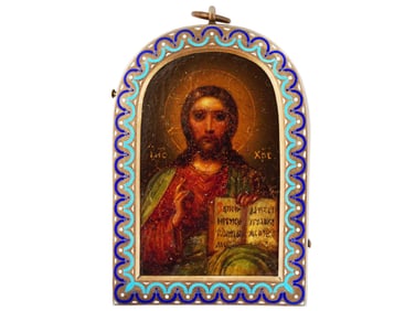 ANTIQUE RUSSIAN SILVER ENAMEL CHRIST ICON PENDANT