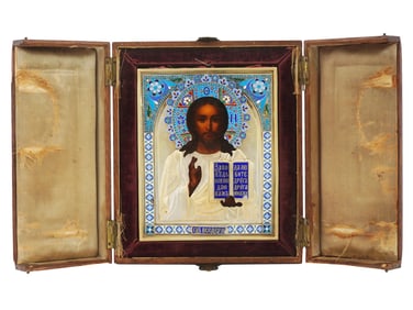 RUSSIAN CHRIST PANTOCRATOR ICON SILVER OKLAD WOODEN CASE