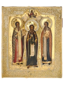 ANTIQUE RUSSIAN ICON OF THREE SAINTS IN GILT RIZA