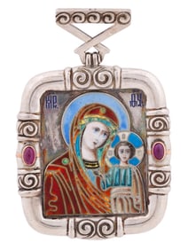 RUSSIAN FABERGE SILVER ENAMEL RUBY ICON PENDANT
