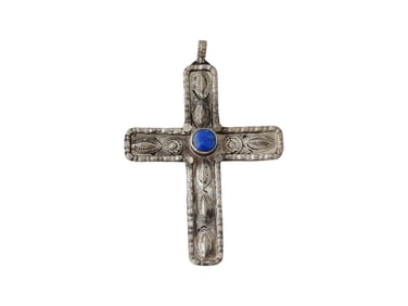 ANTIQUE HOLY LAND LAPIS LAZULI SILVER CROSS PENDANT