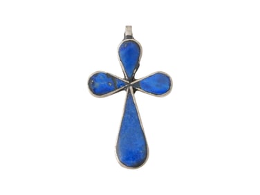 ANTIQUE HOLY LAND LAPIS LAZULI SILVER CROSS PENDANT