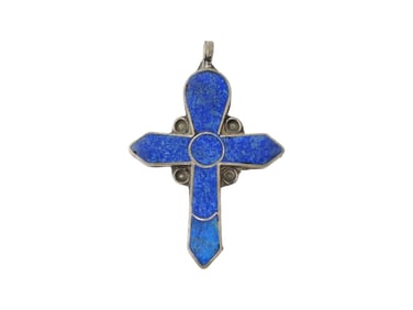 ANTIQUE HOLY LAND LAPIS LAZULI SILVER CROSS PENDANT