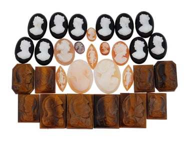COLLECTION OF 30 ANTIQUE HAND CARVED CAMEOS