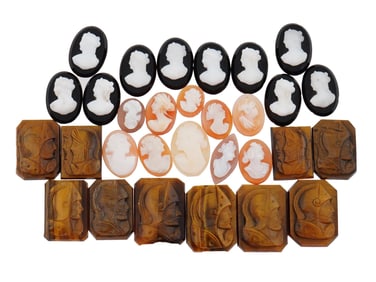 COLLECTION OF 30 ANTIQUE HAND CARVED STONE CAMEOS