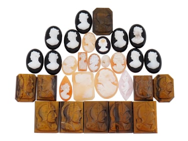 COLLECTION OF 30 ANTIQUE HAND CARVED CAMEOS