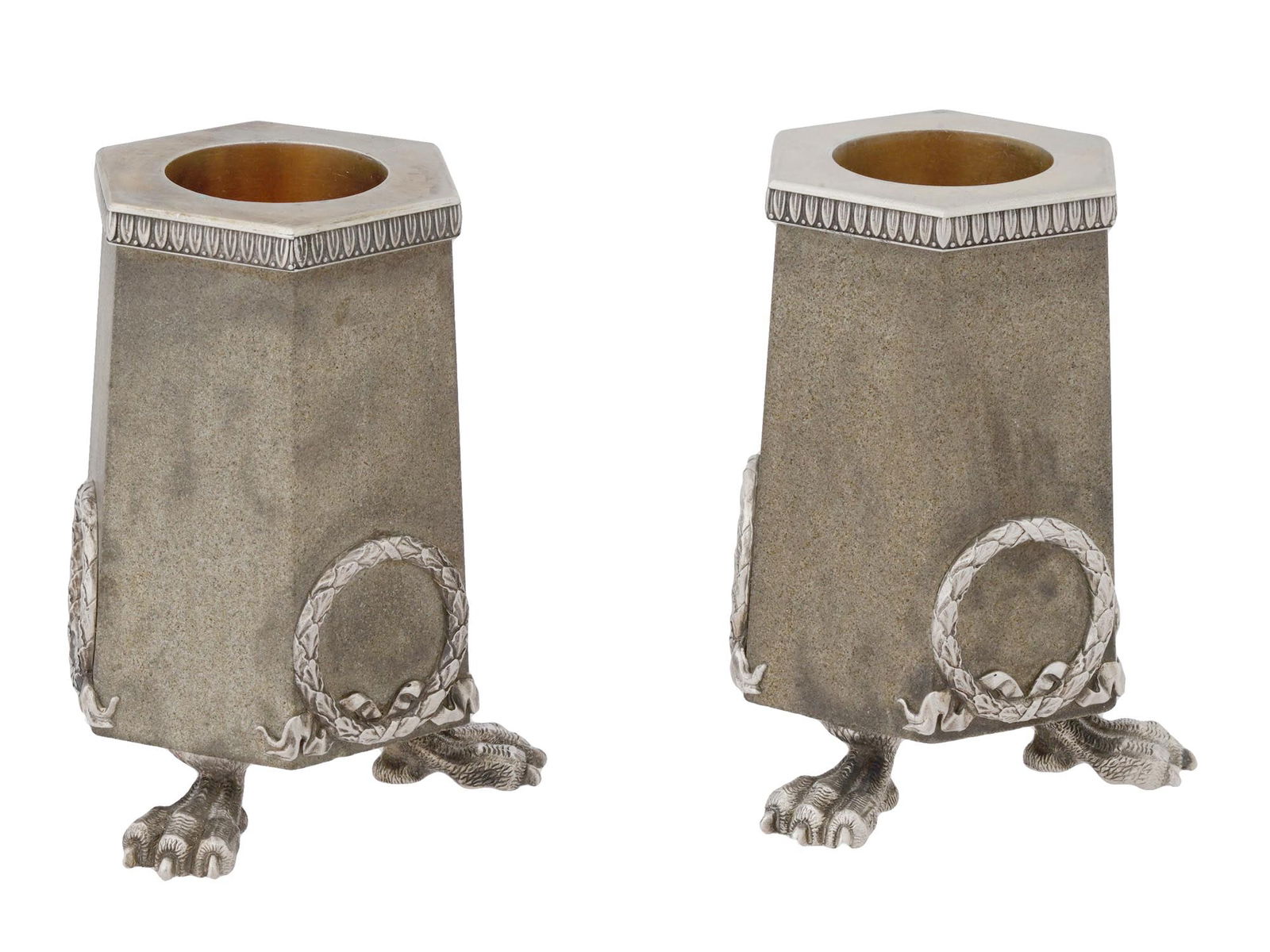 RUSSIAN SILVER MOUNTED SANDSTONE MATCH HOLDERS: A pair of Russian silver mounted sandstone match holders, with hexagonal shape and exquisite detailing. Each holder is adorned with decorative elements such as an upper rim, wreaths, and ribbons delic