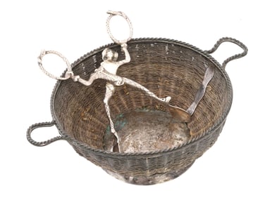 STERLING SILVER SUGAR TONGS AND WICKER BASKET