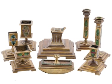 ANTIQUE RUSSIAN ART DECO ENAMELED BRONZE DESK SET