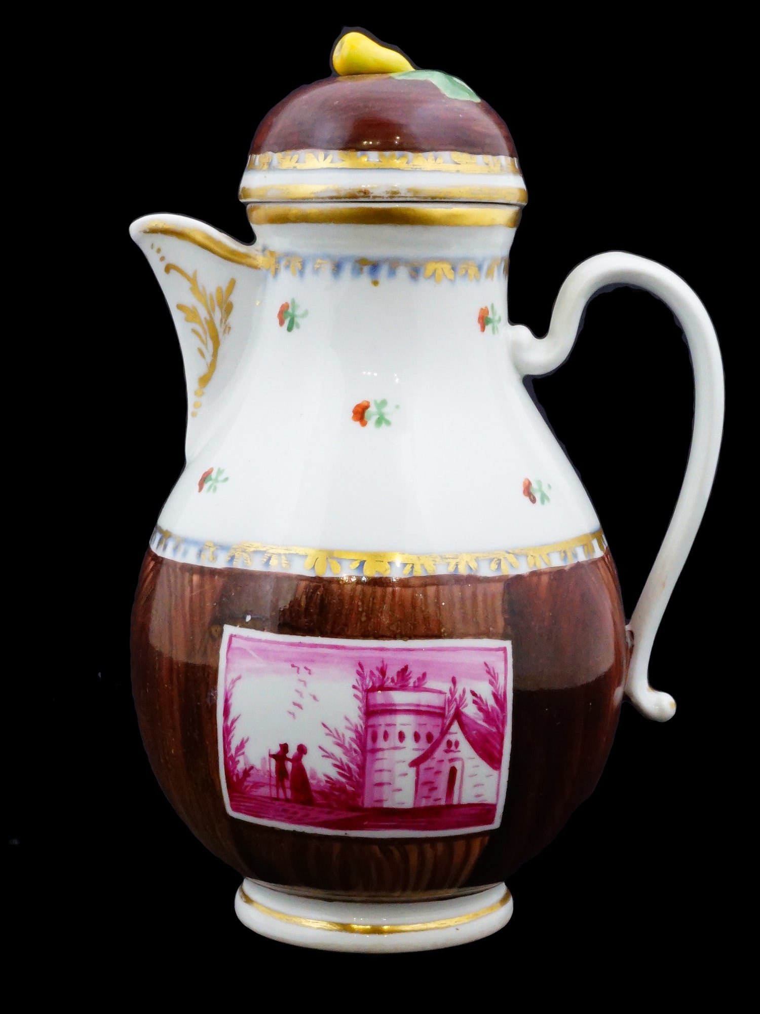 18 CEN ROYAL VIENNA HAND PAINTED PORCELAIN TEA POT: An 18th century Royal Vienna hand painted porcelain tea pot. The body of the pot features a gracefully curved design, combining a rich brown glaze that mimics the appearance of polished wood with a pr