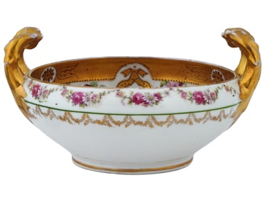 ANTIQUE HAND ENAMEL HANDLED PORCELAIN CANDY BOWL