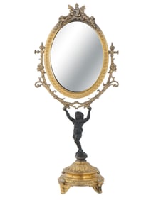 VINTAGE EUROPEAN BRONZE TABLE MIRROR W PUTTI