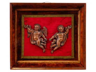 PAIR OF 17TH CENTURY COPPER ANGEL FIGURES FRAMED