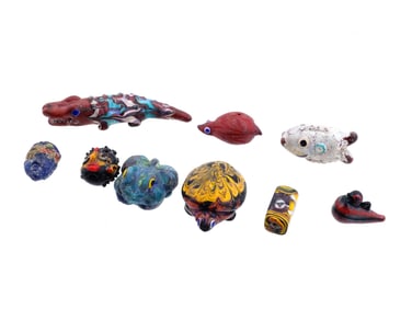 GROUP OF COLORFUL GLASS MOSAIC FIGURES AND BEADS