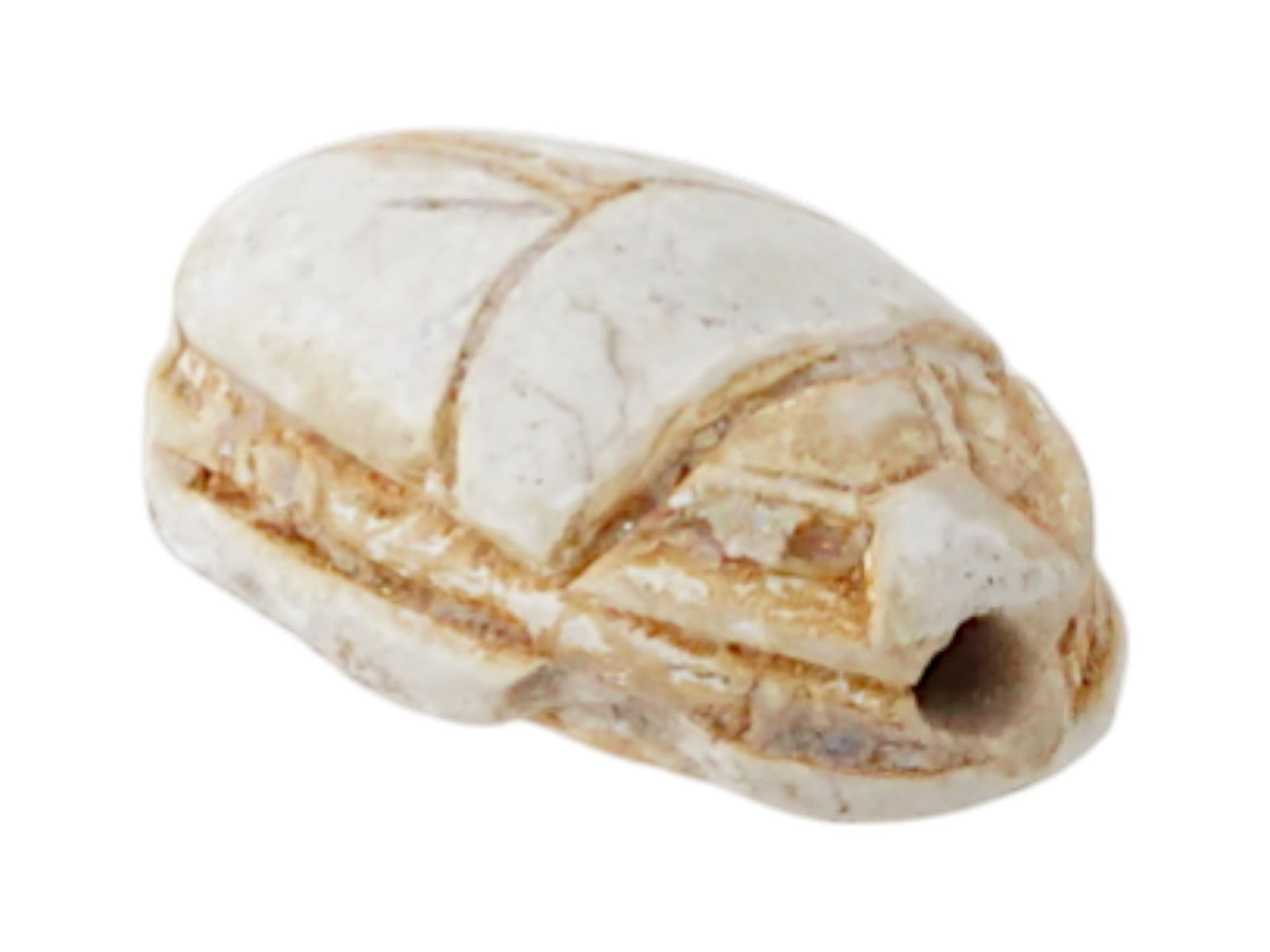 ANCIENT EGYPTIAN 18TH DYNASTY CARVED LIMESTONE SCARAB: An ancient Egyptian 18th Dynasty finely hand carved limestone scarab, the ancient Egyptian symbol of resurrection. The scarab is adorned with incised hieroglyphics calligraphy including Ankhs on the b