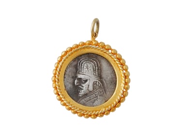 ANCIENT PERSIAN PARTHIAN SILVER COIN 22K GOLD PENDANT