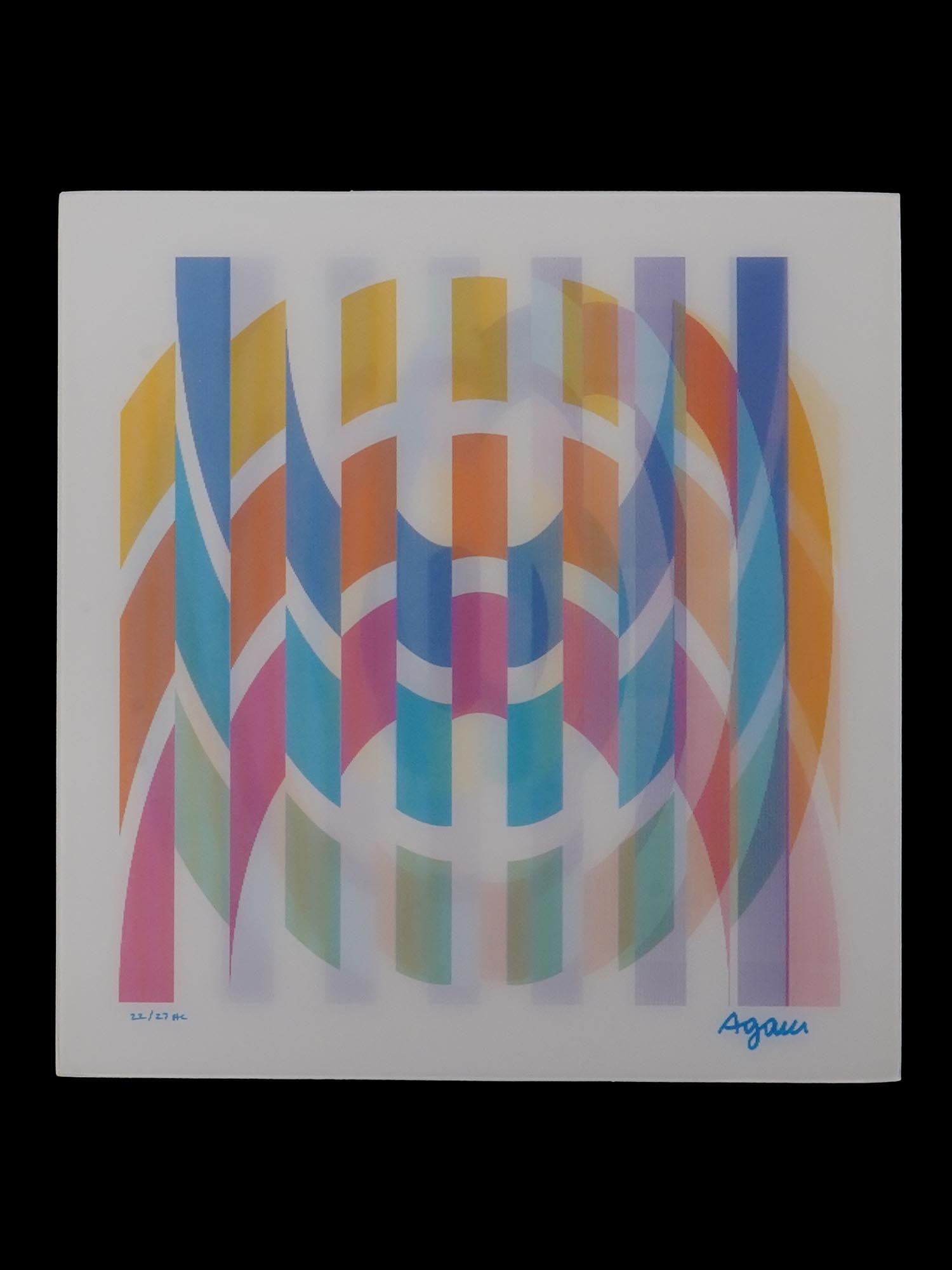YAACOV AGAM ISRAELI LIMITED EDITION AGAMOGRAPH: Yaacov Agam, Israeli, born 1928, color agamograph print. The piece represents a polychrome swirl and stripes composition. Signed in the lower right. Numbered 22 out of 27, marked HC, Hors d Commerce P
