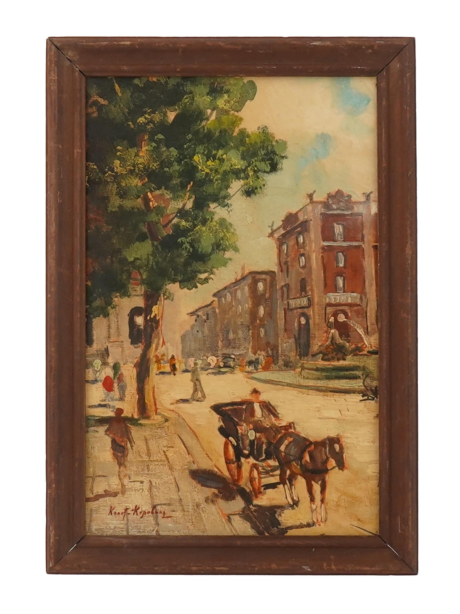 ATTR TO KONSTANTIN KOROVIN RUSSIAN OIL PAINTING: Attributed to Konstantin Korovin, Russian, 1861 to 1939, oil on canvas painting. The artwork depicts a view of a European street. Signed in the lower left. Undated. Framed. Konstantin Korovin was a le