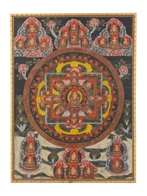 ANTIQUE TIBETAN MANDALA MIXED MEDIA PAINTING