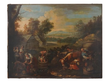 ANTIQUE EUROPEAN SCHOOL RURAL SCENE OIL PAINTING