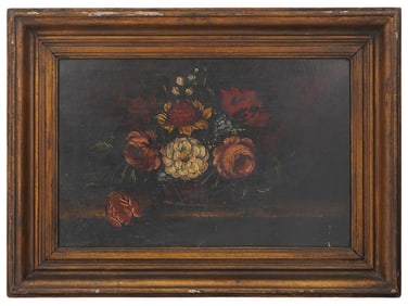 ANTIQUE OIL ON BOARD STILL LIFE PAINTING W FLOWERS