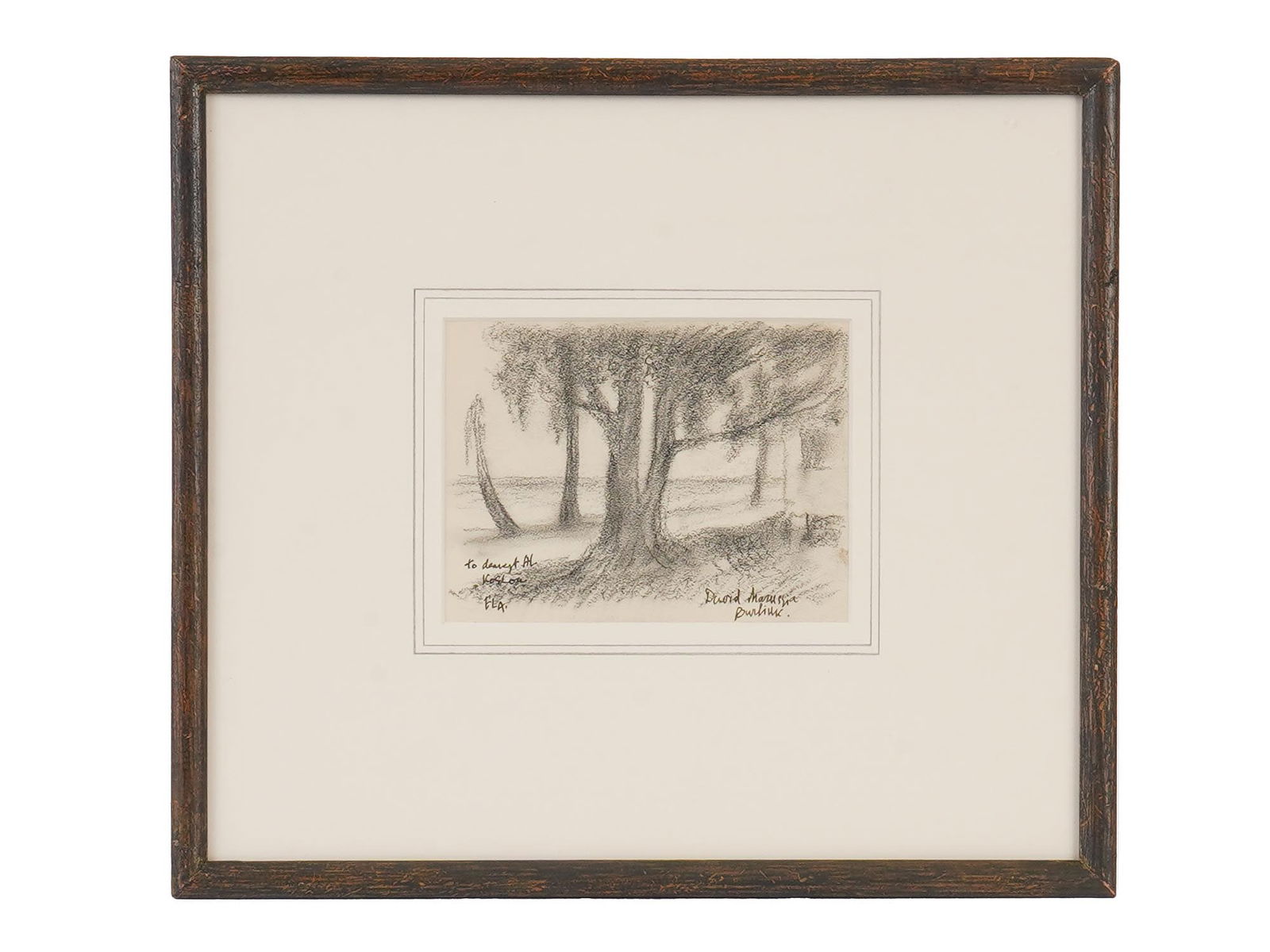 PAINTING NATURAL SCENE SIGNED DAVID BURLIUK INSCRIBED: A charcoal drawing on paper depicting a natural scene, signed David Burliuk lower right, with an inscribed dedication lower left, and presented matted and framed. David Davidovich Burliuk, Russian, 18