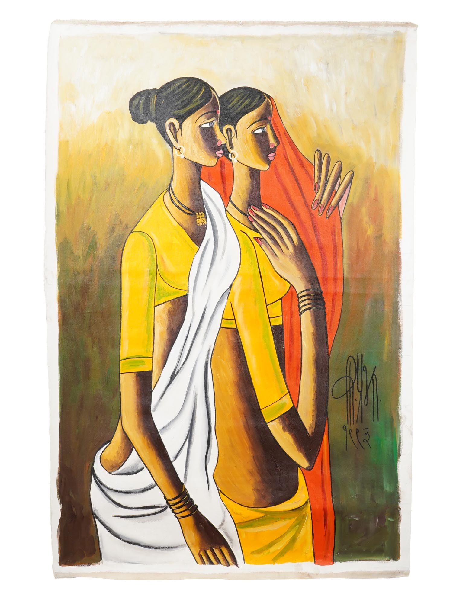 ATTR TO B. PRABHA INDIAN PORTRAIT PAINTING WITH COA: Attributed to B. Prabha, Indian, 1933 to 2001, oil on canvas painting. The artwork depicts two young women. Signed and dated 1993 to the right. Unframed. The piece comes with a certificate. Prabha sta