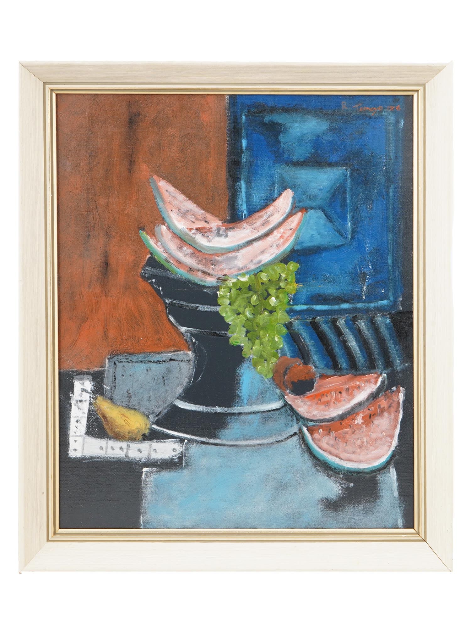 MEXICAN PAINTING IN THE STYLE OF RUFINO TAMAYO: An oil painting on canvas depicting a still life composition. Rendered in the style of Rufino Tamayo, Mexican, 1899 to 1991. Signed and dated 1978 upper left, The composition reflects Tamayos distinct