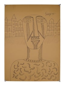 SIGNED F N SOUZA MID CENTURY PEN ON PAPER PAINTING 1956