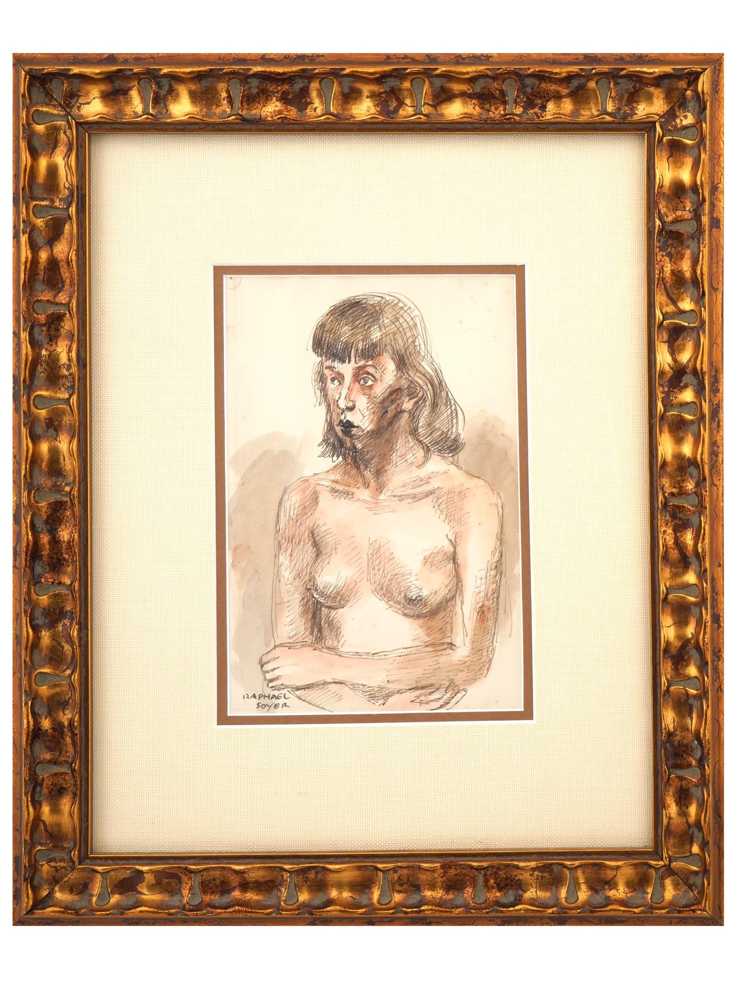 RAPHAEL SOYER AMERICAN NUDE FEMALE PORTRAIT PAINTING: Raphael Zalman Soyer, American, 1899 to 1987, an ink and watercolor painting on paper depicting a nude female portrait, signed lower left. Matted and framed. Known as a painter, draftsman, and printma