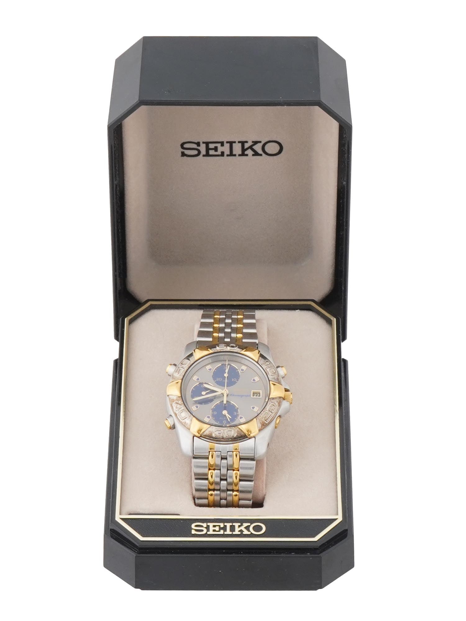 SEIKO CHRONOGRAPH STAINLESS STEEL MENS WATCH IOB: A vintage Seiko Chronograph water resistant stainless steel watch. It is a mens watch with a two-tone design, combining stainless steel and gold tone elements. The watch has a gray dial with three blu