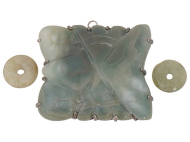 CARVED JADE BI DISKS AND SILVER JADE BROOCH PENDANT