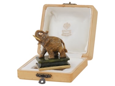 RUSSIAN CARVED STONE SILVER ELEPHANT FIGURINE W BOX