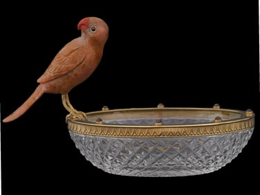 RUSSIAN 84 SILVER GARNETS CUT GLASS CANDY DISH W BIRD