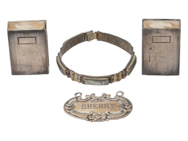 VINTAGE SILVER MATCH BOXES AND SHERRY DECANTER TAG