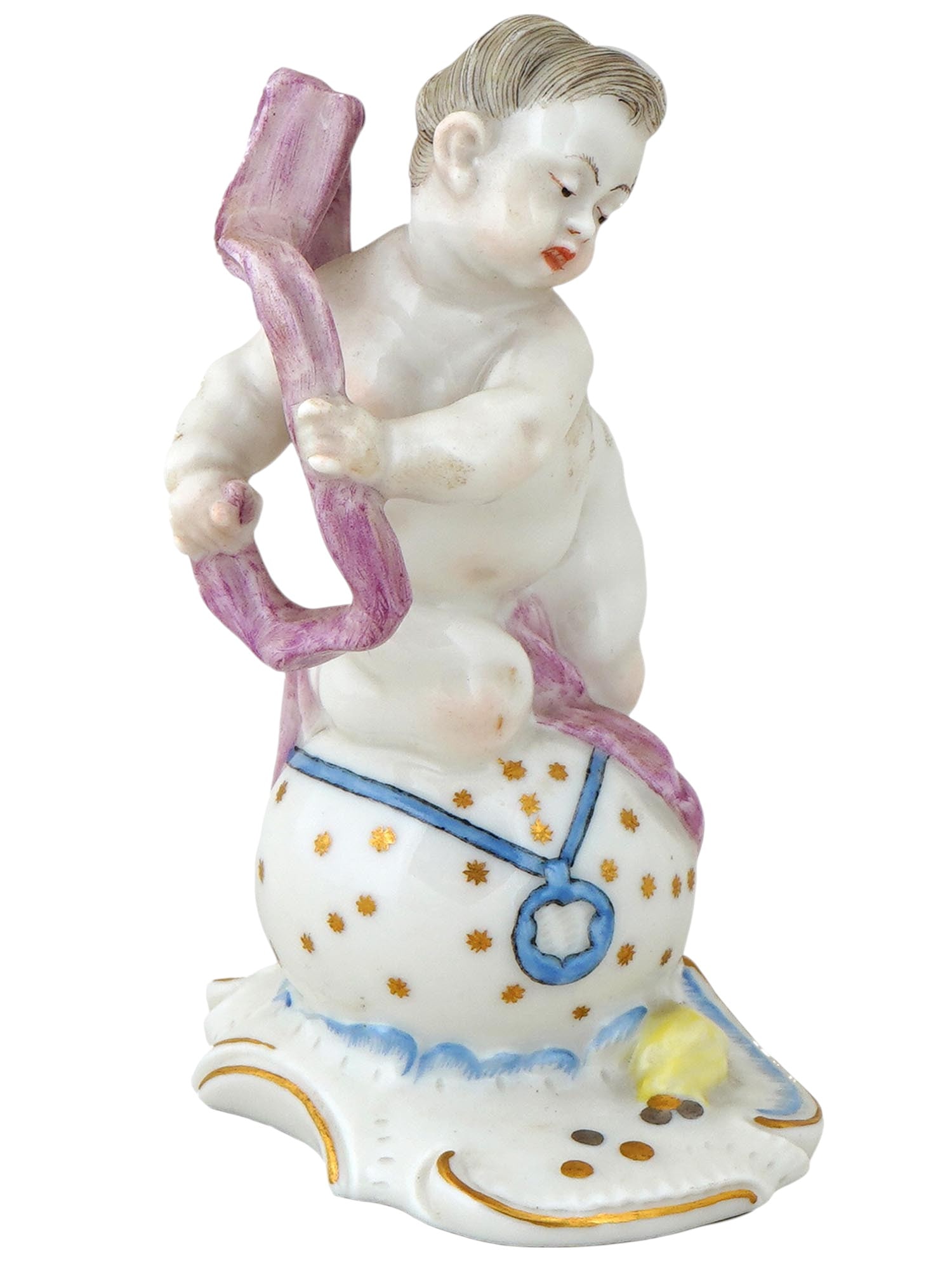 ANTIQUE GERMAN NYMPHENBURG PORCELAIN FORTUNA FIGURINE: An antique German hand painted porcelain figurine of Fortuna, designed by Franz Anton Bustelli, a renowned German modeller active from 1754 to 1763. Manufactured by the Bavarian Nymphenburg Porcelain