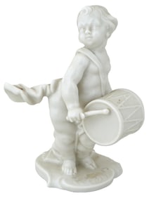 ANTIQUE NYMPHENBURG PORCELAIN PUTTO DRUMMER FIGURINE