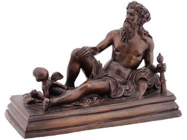 ANTIQUE COPPER SCULPTURE OF GREEK GOD WITH PUTTO