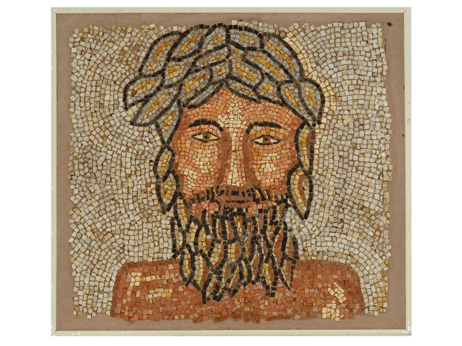 ANTIQUE ITALIAN VICTORIAN ERA GRAND TOUR MOSAIC: An antique Italian Victorian Era Grand Tour mosaic on board. Circa the late 19th century. The mosaic depicts a bearded male portrait in a warm color palette. Framed. The Grand Tour was the 17th to ear