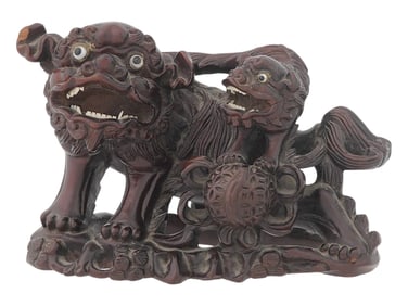 ANTIQUE CHINESE QING CARVED WOOD FOO DOG FIGURINE