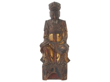 CHINESE HAND CARVED WOOD TAOIST DEITY SCULPTURE