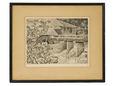 AMERICAN OLD MILL ETCHING BY WALTER R LOCKE SIGNED