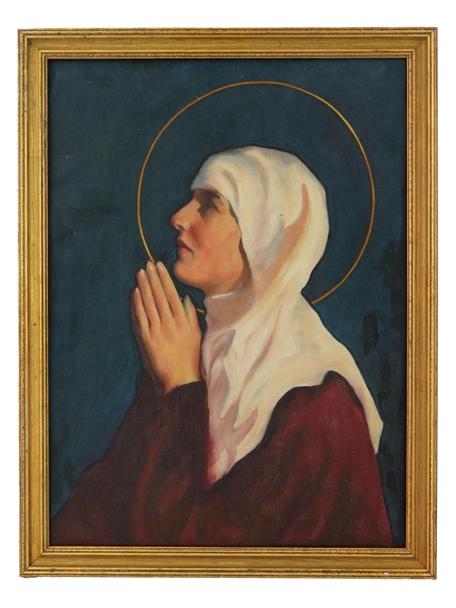 MID CENTURY OIL PAINTING FEMALE SAINT WITH A NIMBUS: A mid-century oil painting on canvas depicting a female saint with a radiant nimbus. Presented in a complementary frame. Modern Paintings And Art Collectibles. THIS LOT QUALIFIES FOR A 30-DAY U