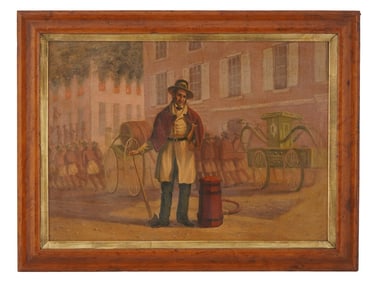 ANTIQUE FIREMAN GENRE SCENE OIL PAINTING FRAMED