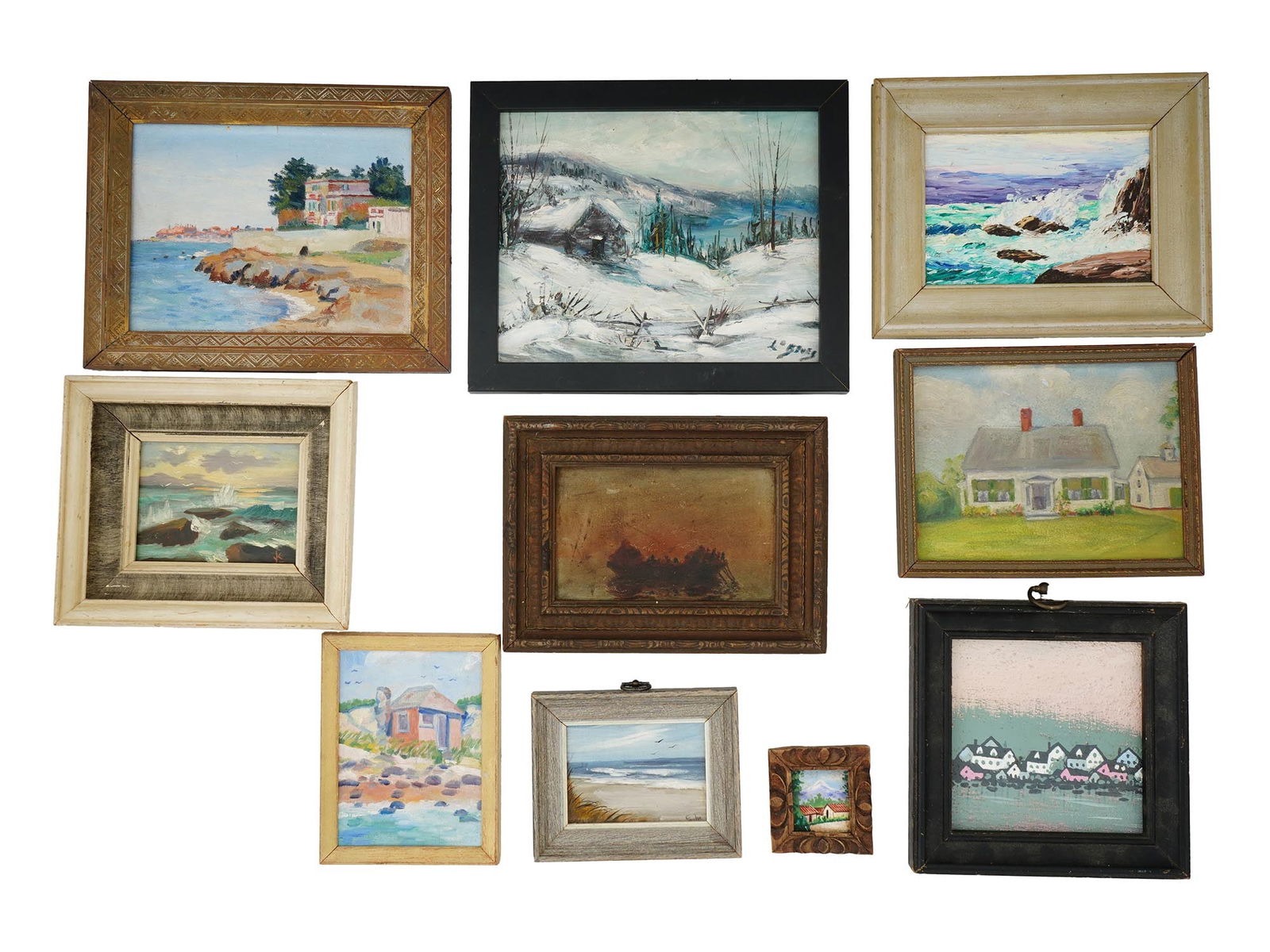 COLLECTION OF OIL LANDSCAPE MINIATURE PAINTINGS: A collection of oil landscape miniature paintings on canvas and on board. A total of 10 items. The landscape paintings are of different time periods and styles, including modern and antique artwork. S