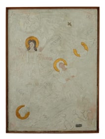 RELIGIOUS MIXED MEDIA PAINTING INSCRIBED FRAMED
