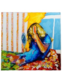 LARGE MODERN ACRYLIC PAINTING GIRL GAZING INTO A MIRROR