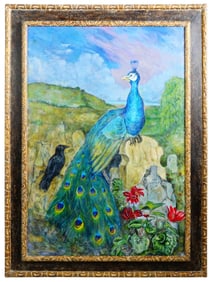 LARGE VINTAGE OIL PAINTING OF A PEACOCK