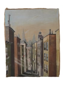 VINTAGE OIL ON CANVAS AMERICAN CITYSCAPE PAINTING
