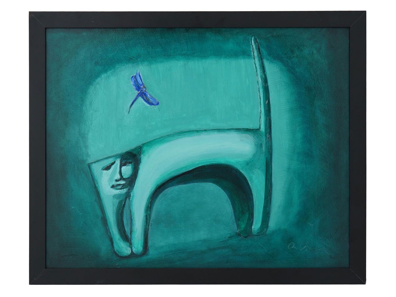 OLEG TSELKOV MANNER NON CONFORMIST ART OIL PAINTING: An oil painting on canvas depicting a Figurative scene with a cat and a dragonfly in the manner of Oleg Tselkov, Russian, French, 1934 to 2021. Inscribed lower right. Framed. Oleg Tselkov is known for